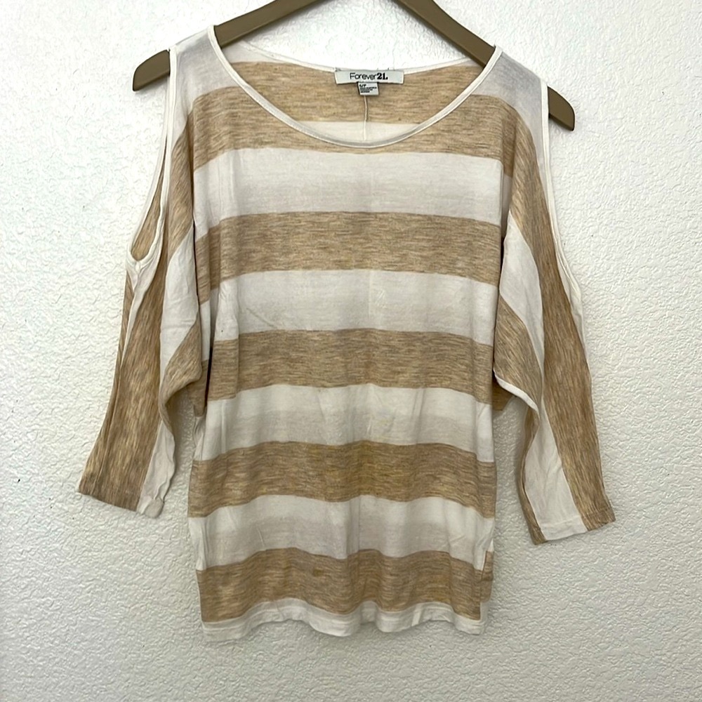 Forever 21 Cream and Brown Cut Out Dolman Sleeve Blouse Size S